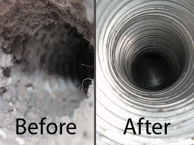 Dryer vent interior before and after cleaning